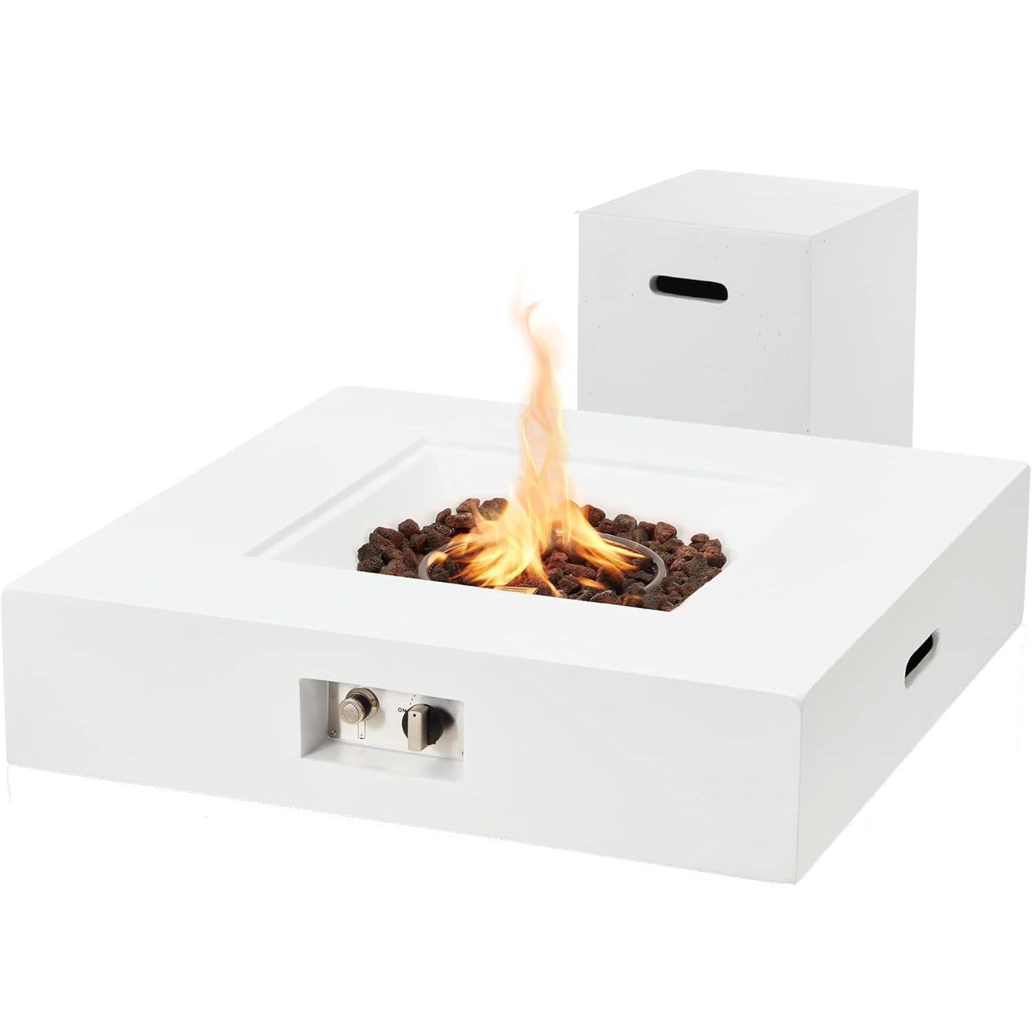 ECOTOUGE 2-Piece 32" Outdoor Square Propane Fire Pit Table with Tank Holder, 50,000 BTU Concrete Fire Table with Shelves, Patio Fire Pits with Auto-Ignition, Free Lava Rocks, Fits 20lb Tank, White