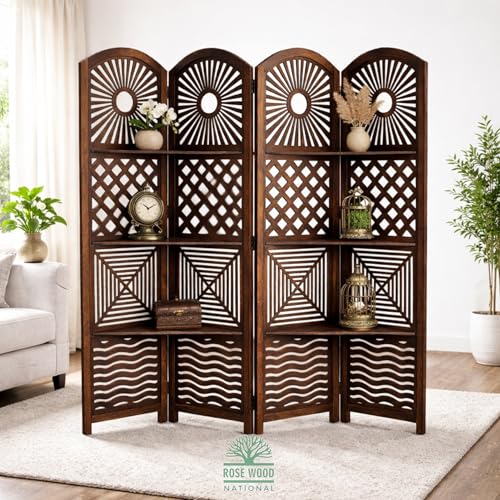 Image of Wooden Room Divider 6 Feet, 4-Panel Folding Wooden Partition for Living Room, Office, Pooja Room, Restaurant, Kitchen & Balcony (2W x 1.82H Meters). (Natural Brown- Shelves)