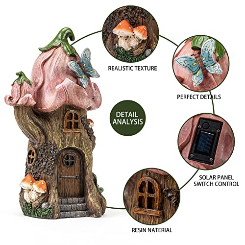 Fairy Garden Accessories Outdoor Statues, Mushroom House Decor,Large Gnome Solar Powered Lights Sculptures,Pink Resin Figurine Butterfly Figurines Lawn Ornaments For Patio Yard Decorations 11Inch #TOP5