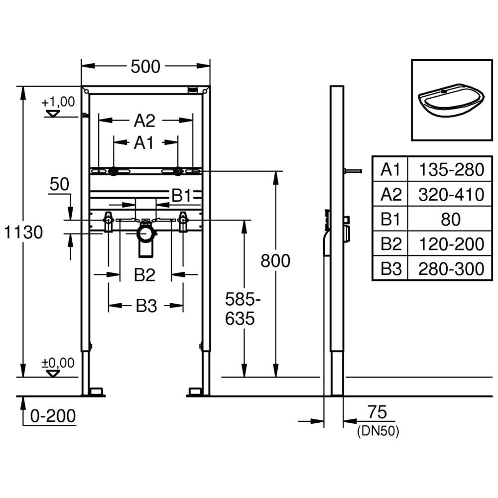 GROHE Rapid SL, Vorwand Installationssystem für Waschtisch (komplett vormontiert, für Einlochbatterie, 113 cm hoch, inkl. Befestigungsmaterial und Ablaufbogen DN 50), 38554001