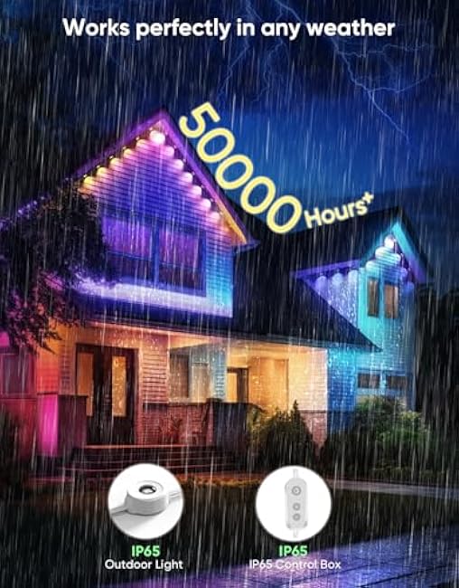 Smart Permanent Outdoor Lights, RGB with IC + Warm White, Under-Eave Lighting, 100ft/72 LEDs/IP67 Light / IP65 Controller, 111+ Scenes, Music Sync, Alexa/Google, Wi-Fi/Voice/Remote Control
