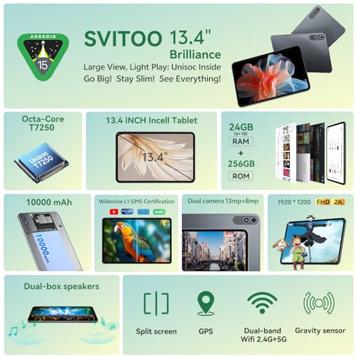 SVITOO 13 Inch Android 16 Tablet with WiFi, 2K Display, 40GB RAM, 128GB Storage Expandable, Octa-Core Processor, Bluetooth, USB-C Fast Charging, Protective Case by SVITOO - Image 2