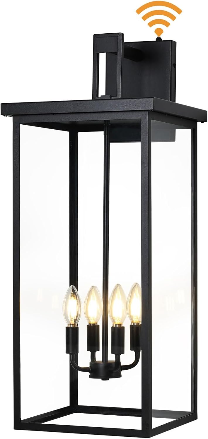 tewei 26in large size dusk to dawn outdoor wall lights, matte black exterior lighting fixtures, modern outdoor porch lights for house with clear shade, outdoor wall sconce light for garage(1 pack) dusk to dawn 26 inch