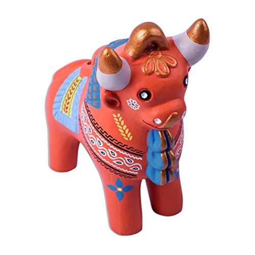 Novica Coral Pink And Gold Hand Painted Ceramic Bull Statuette, Festive Pucara Bull' #TOP3