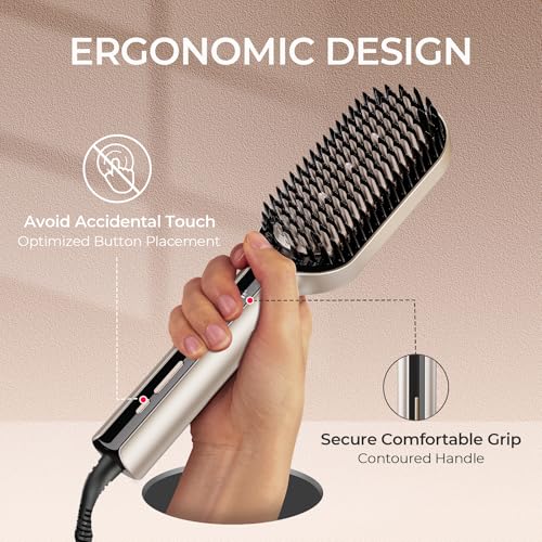 Image of TYMO Hair Straightener Brush - Upgraded Ionic Plus Straightening Brush with Dense Bristles, 16 Temps, Dual Voltage | Ceramic Hot Comb for Women | Flat Iron for Thick Curly Hair, Gold