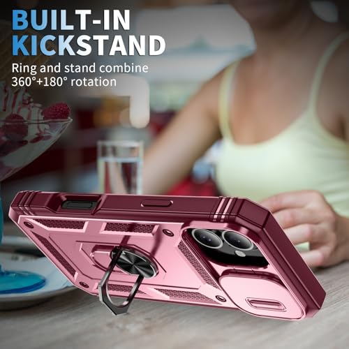 WMYUHAN for Apple iPhone 16 Case Military Grade Drop Shock Protection Cell Phone Cover with Slide Camera Cover Built-in 360° Rotate Ring Stand for iPhone 16 6.1 -Pink Red by WMYUHAN - Image 6