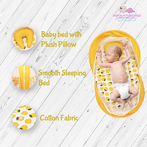 Image of Infantbond Designer Mattress with Net | Baby Sleeping Bag | 4Pcs Bedding Set | 1 Nest (0-6 Months) (Lemon Yellow Nest Set)