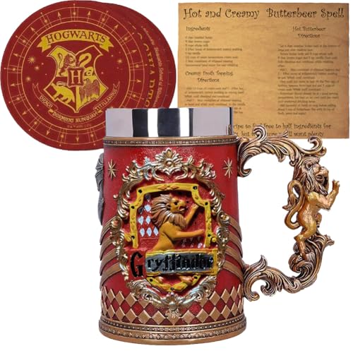 Edgell House Butterbeer Bundle Includes – 1 HP Gryffindor Decorative Goblet – Wizard School House Coaster Set of 4 – 1 Ultimate Butterbeer Recipe