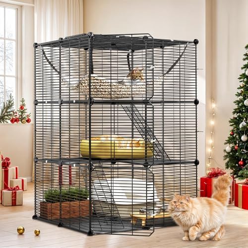 YITAHOME Jaula para Gatos para Exterior/Interior, Recinto para Gatos de 3 Niveles con Hamaca Grande, Jaula para Mascota con Alambre de Metal Denso para 1-2 Gatos, Hurón, Chinchilla, Conejo, Negro