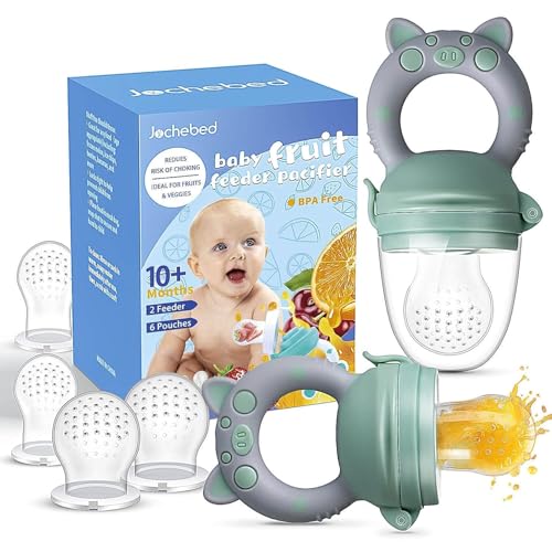 Image of Baby Fruit Food Feeder Pacifier - Fresh Teething Pacifiers, Infant Fruit Teething Teether Toy for 3-24 Months, 6 Pcs Silicone Pouches for Toddlers & Kids & Babies, Piggy Handle 2-Pack (Green & Gray)
