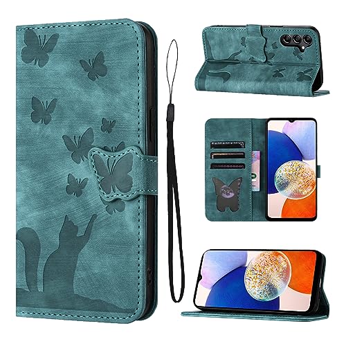 LSPCASA Custodia Per Samsung Galaxy A14 6.6 Pollici Materiale in Pelle PU Cover Samsung A14 Con Slot Per Schede Reticolo Della Farfalla Del Gatto Cover Galaxy A14 Verde