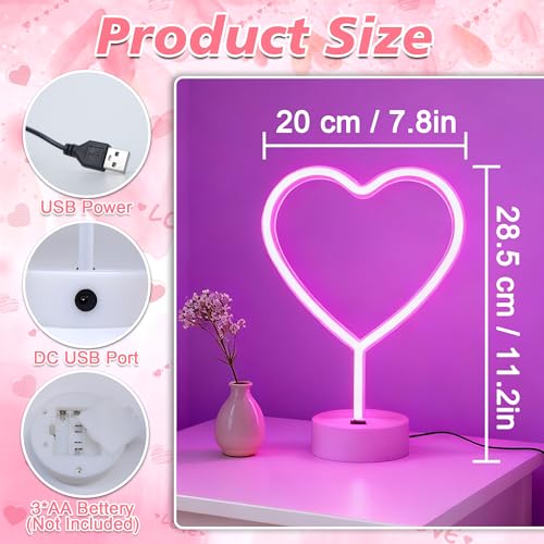 Image of Attivolife Heart Neon Sign, Pink LED Lights for Wall Decor, Love Shaped wuth Base, USB or 3-AA Battery Powered, Girl Bedroom Table Decor for Woman Couple Wedding Party Valentine's Day Birthday Gifts