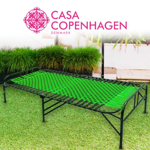 Image of Casa Copenhagen, Portable Single Folding Bed Heavy Duty Metal Cot Khat for Sleeping Bed Space Saving Design Sturdy Synthetic Niwar feet - Green & Charcoal Black