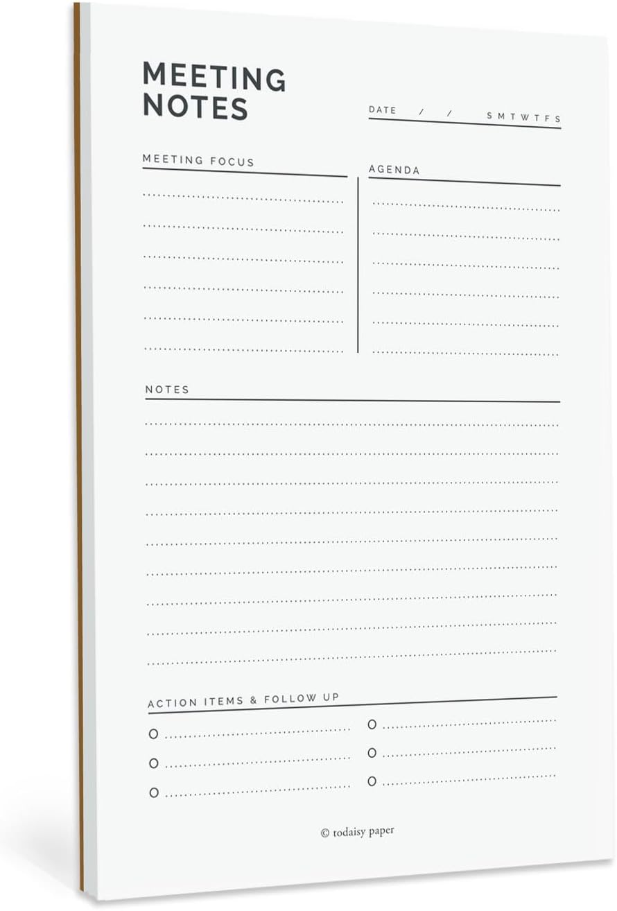 Meeting Planner Notepad 5.5 x 8.5" Meeting Agenda Sheets, Meeting Schedule Notepad, Organizer includes Meeting Focus, Agenda, Notes, Action Items and Follow Up. 50 tear off sheets by Todaisy Paper.