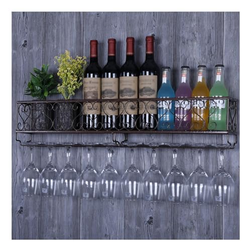 Support à verres à vin suspendu et réglable avec étagère à bouteilles en bois rustique