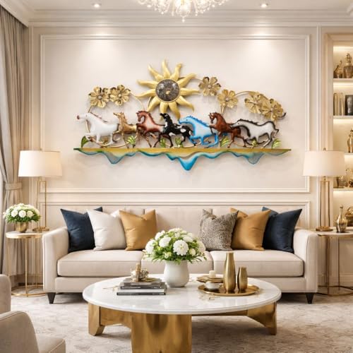 Image of Framing Hub - Metal Wall Decorative Multicolor Large Seven Running Horses with Sunrise Floral Design Wall Hanging Decor for Vastu Living Room (Size 51x29 Inch)