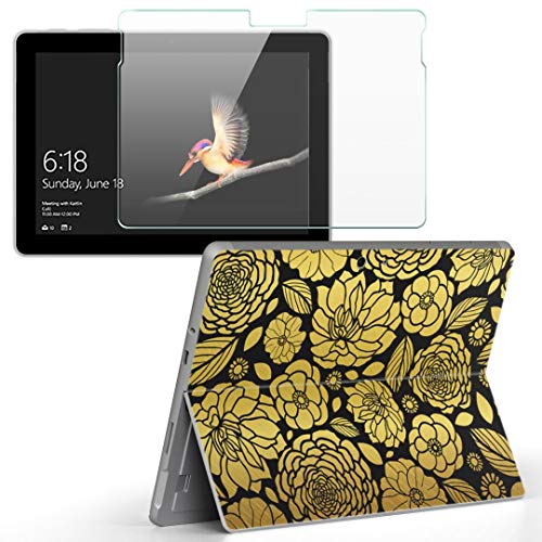 igsticker Surface Go/Surface Go 2 専用スキンシール ガラスフィルム セット 液晶保護 フィルム ステッカー アクセサリー 保護 014144 花 フラワー ゴールド