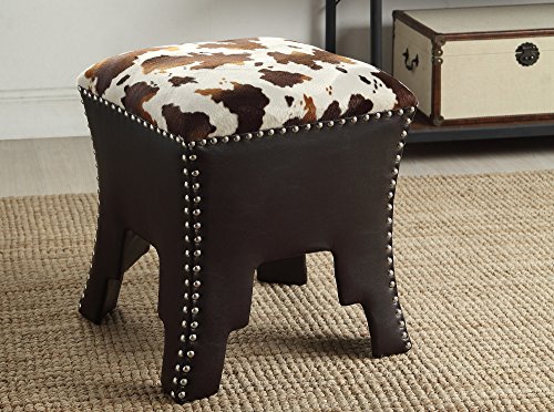 Baxton Studio Wholesale Interiors Sally Cow-Print Patterned Fabric Faux Leather Upholstered Accent Stool with Nailheads, Brown