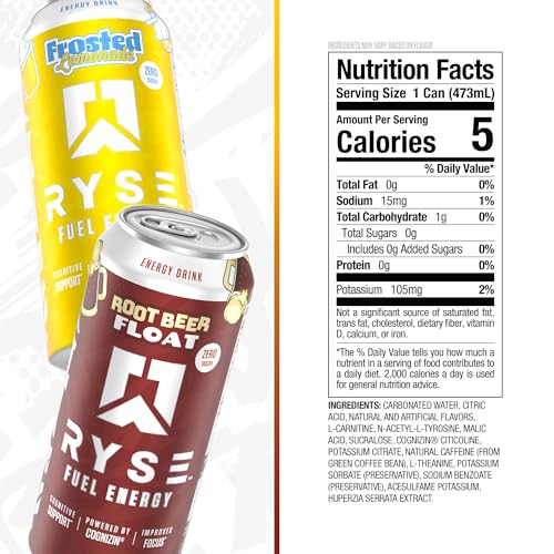 Image of RYSE Fuel Energy Drink - Variety Pack (6 Frosted Lemonade & 6 Root Beer Float) - Sugar Free - 200mg Natural Caffeine, New Formula to Supports Cognitive Health & Improves Focus - 16 fl oz (12-Pack)