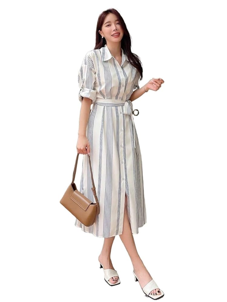 CHICLINE [チックライン] CAIRA STRIPE SHIRT DRESS KARFRI long sleeve dresses for women Striped Print Belted
