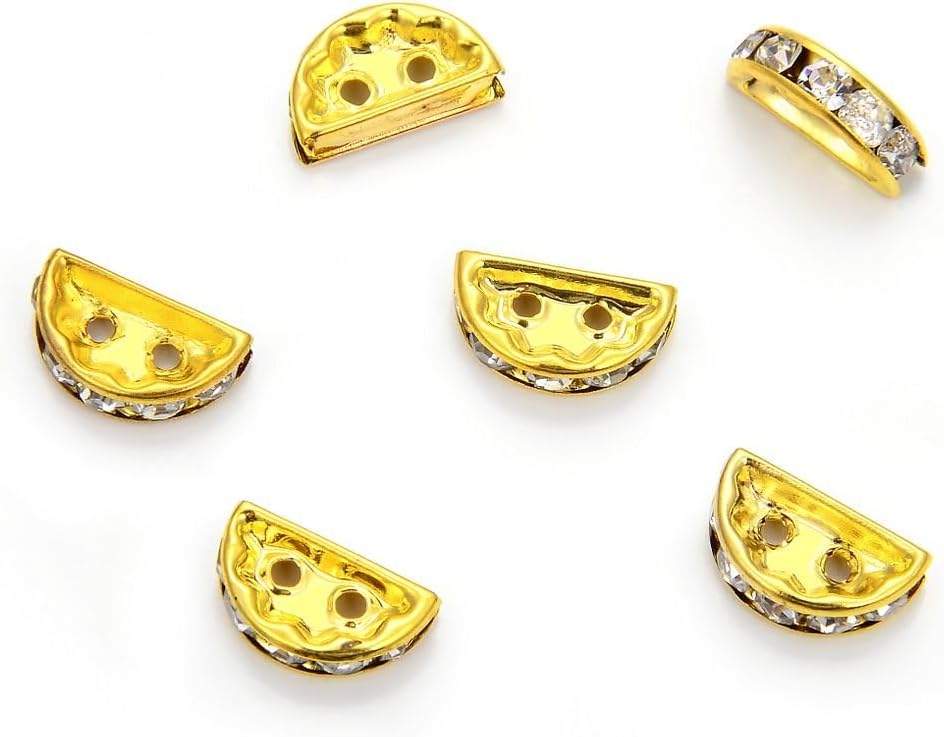 50pcs Adabele Grade A Half Round 2-Hole Crystal Clear Rhinestone Beads 13mm Spacer Bar 18K Yellow Gold Plated Brass for Layering Craft Jewelry Making CF175