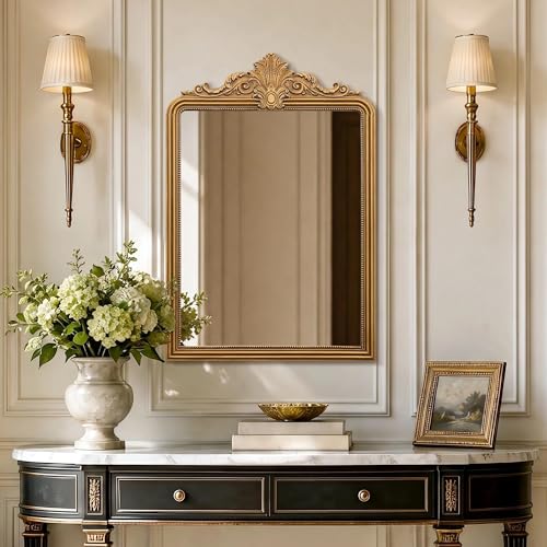 Besdomus Gold Antique Decorative Mirror: 24" x 36" Baroque Large Vintage Wall Vanity Mirror - Traditional Ornate Resin Frame for Hallway/Fireplace/Entryway/Bedroom - Wall Decor for Interior Designers