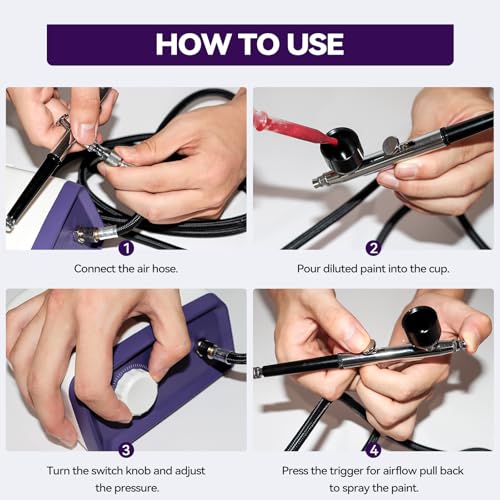 50 PSI Airbrush Kit with Air Compressor, High Pressure Airbrush Kit Non-Clogging with 0.2/0.4/0.5mm Nozzle/Cleaning Sets, Dual-action Air Brush for Painting, Modeling, Cake Decor, Makeup, Nails, DIY - Image 7