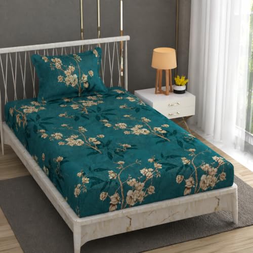 Image of Vram Premium Heavy Cotton Flat Bedsheets with 1 King Size Pillow Covers || Single Bed 350 TC || 60 x 90 Inch Single Size Flat || :- Green Flower