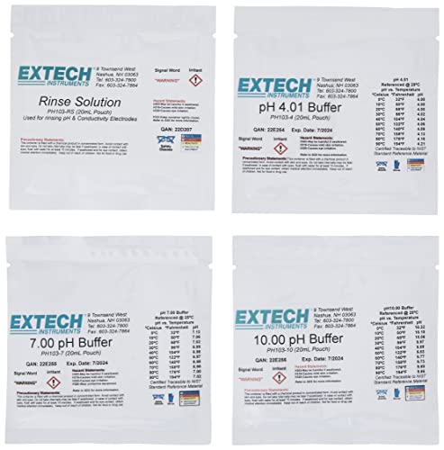 Extech PH103 Tripak Buffer Solution Pouches - Portable pH Calibration Kit with 3 Pre-Measured Packets (pH 4, pH 7, pH 10) - Ready-to-Use Standard Solutions for Lab, Field, Water Testing