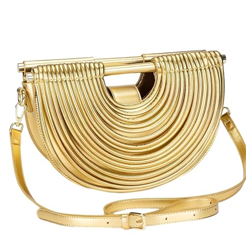 Image of Elegant Half Round Chinc Woven PU Leather Lou Top Handle Bag for Women Formal Evening Clutch Purses