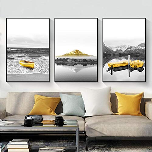 Bateau jaune sur le lac montagne paysage mur art toile peinture décoration maison salon 60x80cm
