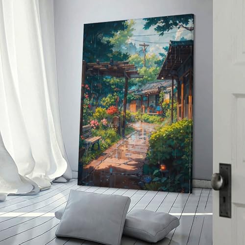 Tableau sur toile village pluvieux pour une ambiance de chambre ado zen