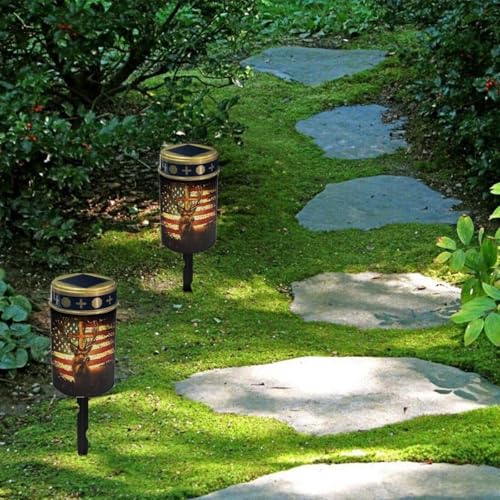 Image of Poceacles Deer American Flag Vintage Pattern Solar Lights Outdoor Solar Powered Outdoor Cemetery Stake Candle Grave Lamp Landscape Lighting Waterproof Grave Flameless Candle, Pack of 4