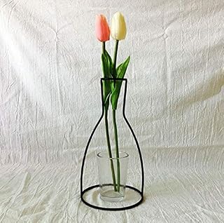 Carolilly Wrought Iron Vase Black Geometric Iron Frame Plant Holder Metal Plant Stand Creative Vase Decorative for Living Room Office Bedroom (Glass Not Included) (F)