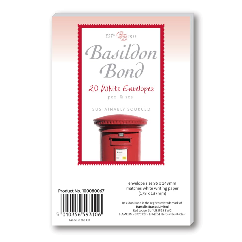 Basildon Bond Luxury Peel and Seal Envelopes 20 Pack for Duke Writing Pad - White, Size 95 x 143mm