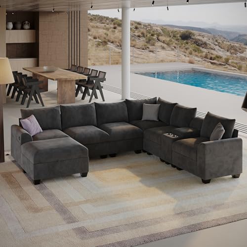 7-Seater V-Shaped Sectional Couch with Cup Holders