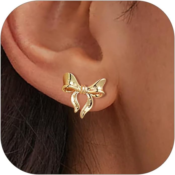 FOCALOOK Womens Earrings Studs, 14K Gold Silver Bow Ribbon Studs Earring for Women, Trendy Cute Bow Earrings, Dainty & Minimalist Flat Back Earring Hypoallergenic Jewelry
