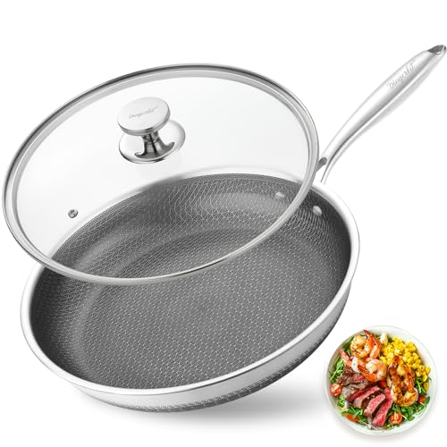 𝐃𝐢𝐧𝐠𝐞𝐫𝐤𝐢𝐭 Non Stick Frying Pans, Stainless Steel Nonstick Frying Pan with Honeycomb for Kitchen Cooking - 11” Skillet with Lid for Cookware - Works with Induction Cooktop Ceramic and Gas.