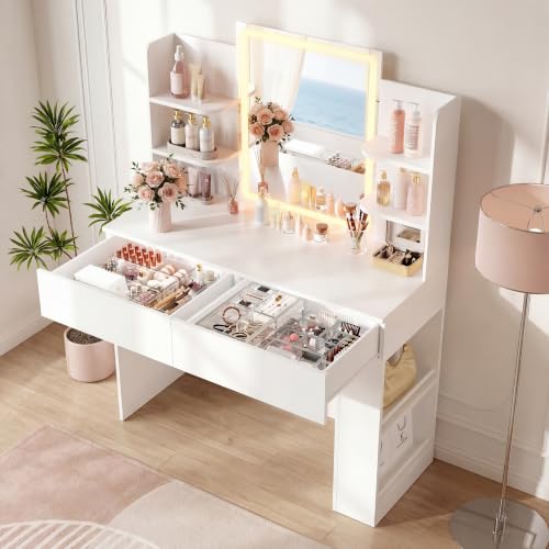 Image of YESHOMY 35.4 inch Vanity Desk with LED Mirror and Lights,Makeup Vanity with 2 Storgae Drawers, 2 Side Shelves, and Open Storage Shelves, 3 Color Modes, for Bedroom, Snow White