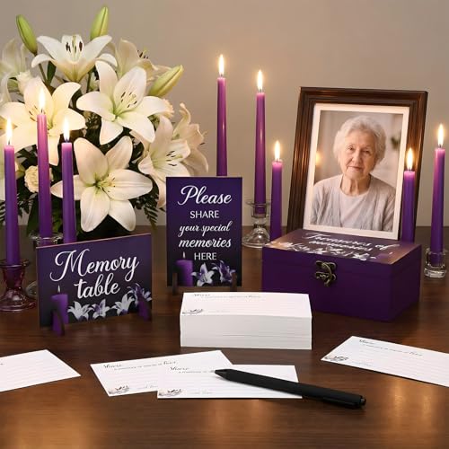 Image of Gilprop 112 Pcs Celebration of Life Memory Cards Set Share a Memory Cards with Box 2 Wood Sign with 4 Hold and 5 Pens, Sympathy Memorial Gifts Funeral Keepsake Decorations (Lily)