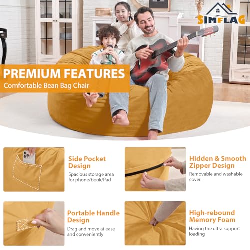 4FT Bean Bag Chair, Large Bean Bag Chairs with Memory Foam Filled, Fluffy Beanbag Sofa with Dutch Velvet Cover, Round BeanBag Chairs for Living Room, Playroom - Mustard