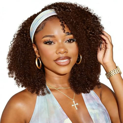 Image of XSY Headband Wig Human Hair Kinky Curly 16 Inch Headband Wigs for Black Women Curly Wigs Human Hair None Lace Front Wigs Curly Wave Human Hair Wig Chocolate Brown 4# Color 150% Density