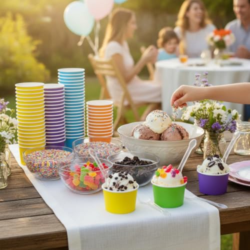 Image of Boao 100 Set 5 oz Ice Cream Cups with Spoons Disposable Paper Sundae Dessert Bowls Summer Party Supplies (Colorful Style)