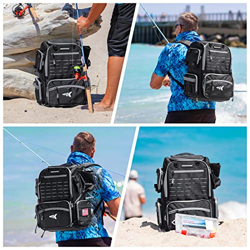 Kastking Bait Boss Fishing Tackle Backpack With Rod Holders, 4 Tackle Boxes, Waterproof Protective Rain Cover, 34L, Black #TOP5