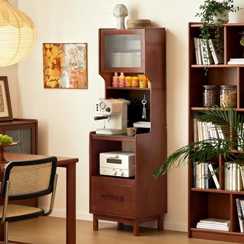 YESWOOD 71'' Narrow Kitchen Pantry Cabinet with Light, Solid Rubberwood