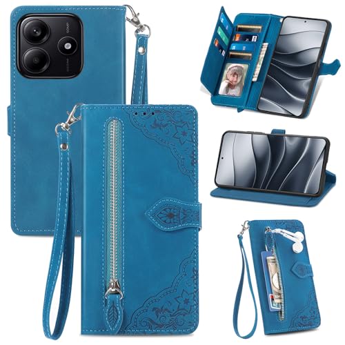 Cover per Xiaomi Redmi Note 14 5G POCO M7 Pro Custodia a Libro pelle PU Flip Case con Porta Carte Chiusura Magnetica e Cinturino Disegni di Fiori Portafoglio Antiurto Blu