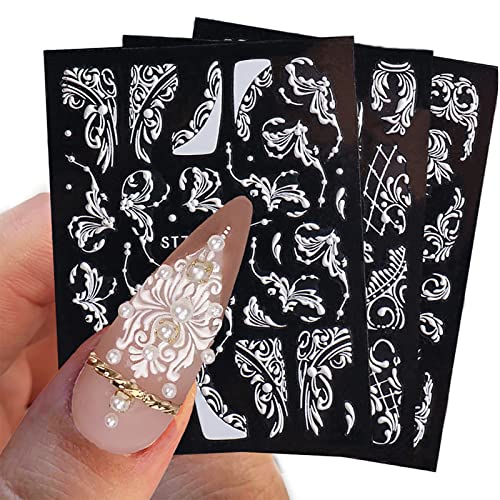 Yosomk Nail Art Stickers 8 Sheets 5D Sterescopic Embossed Nail Decals Accessories White Lace Nail Art Supplies Self-Adhesive Nail Sticker Decoration For Nail Diy Design #TOP4