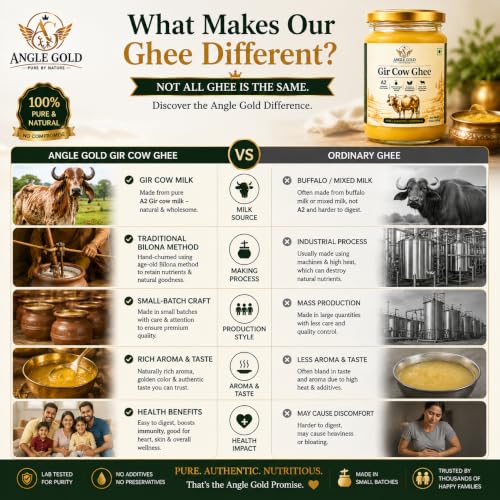 Image of ANGLE GOLD - a2 ORGANIC GHEE - SHREE FOOD a2 Gir Cow Ghee, Organic, Bilona Method, 500ml