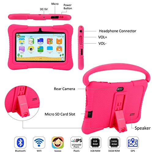Veidoo Kids Tablet, 7 Inch Android Tablet Pc, 1Gb Ram 16Gb Rom, Safety Eye Protection Screen, Wifi, Bluetooth, Dual Camera, Educational, Games, Parental Control App, Tablet With Silicone Case(Pink) #TOP1