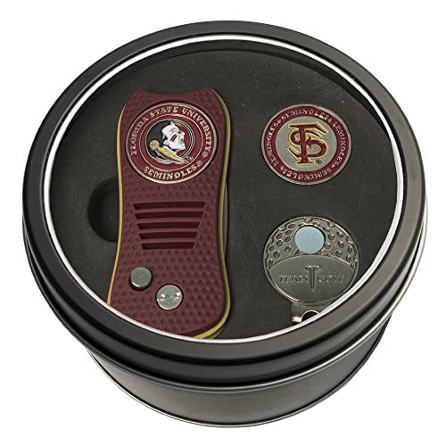 Team Golf NCAA Florida State Seminoles Tin Gift Set with Retractable Divot Tool, Cap Clip, and Ball Marker Gift Set Switchblade Divot Tool, Cap Clip, & 2 Double-Sided Enamel Ball Markers, Patented Design, Less Damage to Greens, Switchblade Mechanism